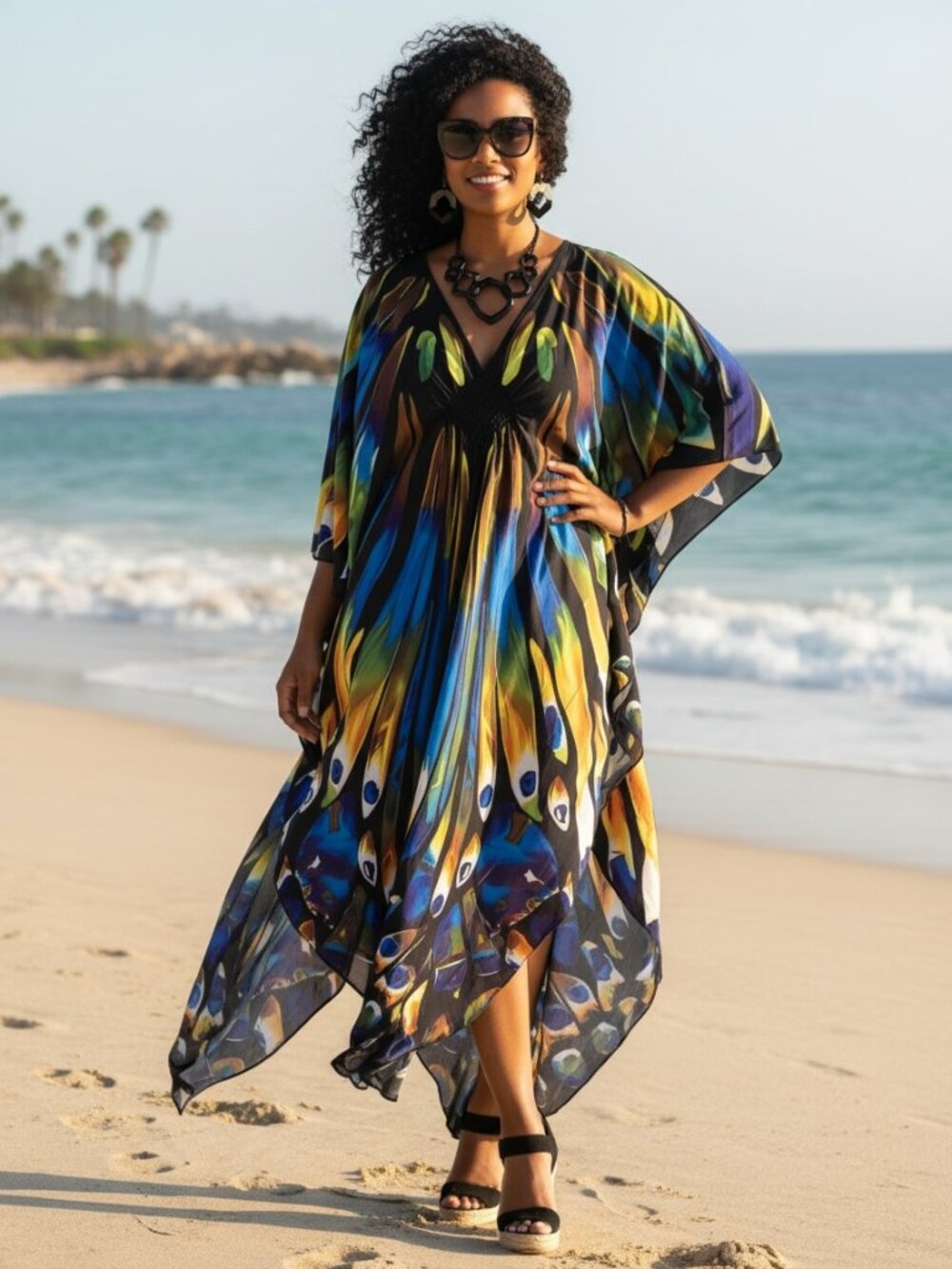 Unbranded Kaftan Maxi Dress Womens OS Multi Excellent Butterfly Wing V-Neck Knot